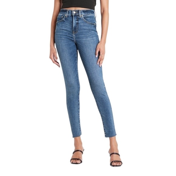 Express - High Waisted Medium Wash Raw Hem Skinny Jeans Sz 8L - Picture 1 of 10